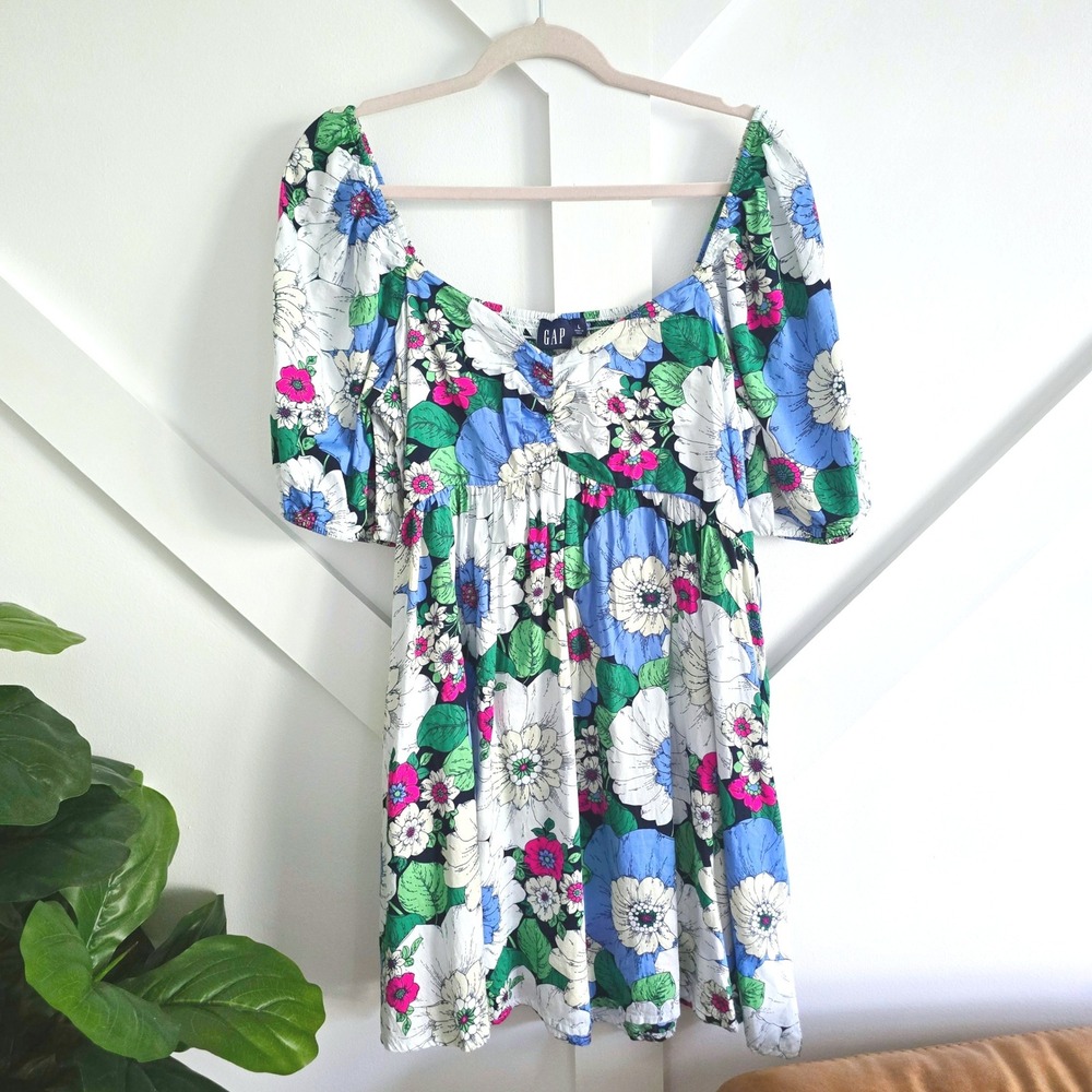 GAP Mini Dress Women Large Blue Floral Smocked Back Puff Sleeve Cotton
